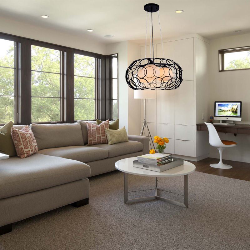 Ball White Glass Chandelier Lighting Contemporary 3 Lights White/Black Hanging Ceiling Lamp with Cage Design