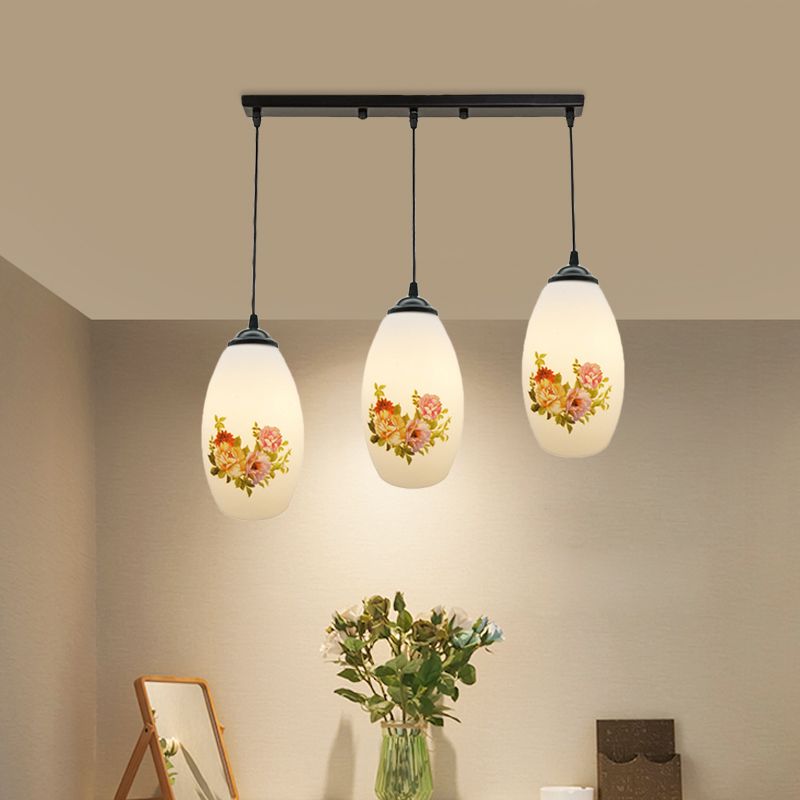 Minimalism Oval Multi Lamp Pendant 3 Heads White Frosted Glass Suspension Light in Black with Linear/Round Canopy