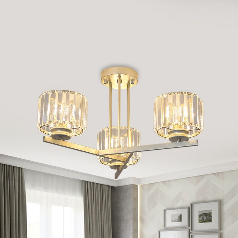 Gold 3/4-Light Semi Mount Lighting Modern Crystal Prism Short Cylinder Ceiling Flush Light