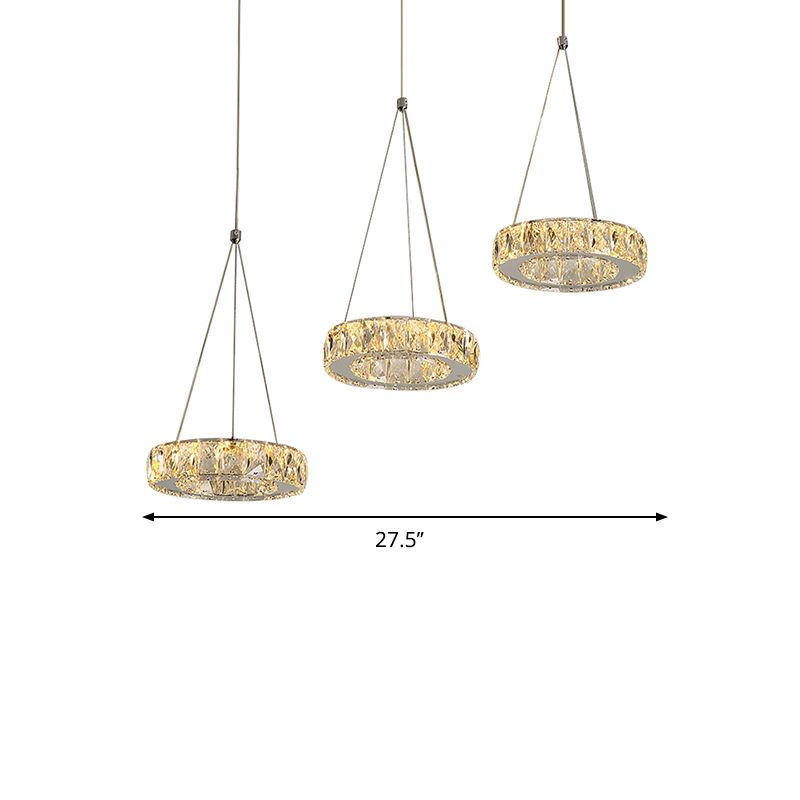 Modern 3-Ring Multi Suspension Pendant Clear Rectangular-Cut Crystals LED Plug in Swag Light in Stainless-Steel