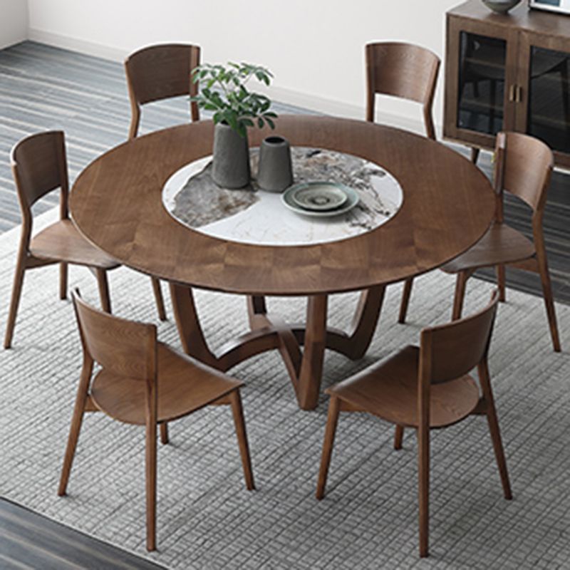 Brown Solid Wood Dining Table Turntable Furniture with Pedestal Base for Home