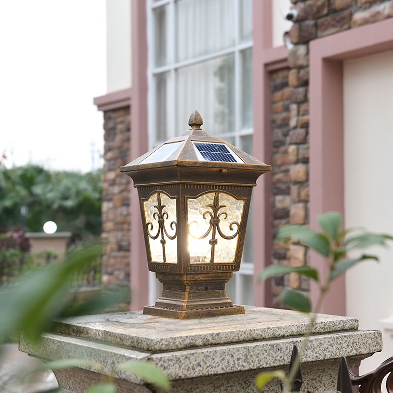 1-Light Pillar Lamp Aluminum Solar Lighting Fixture with Glass Shade for Garden