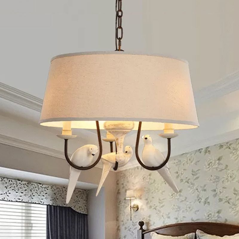 Fabric Beige Pendant Lamp Drum 3 Lights Vintage Chandelier Light Fixture for Bedroom with Bird