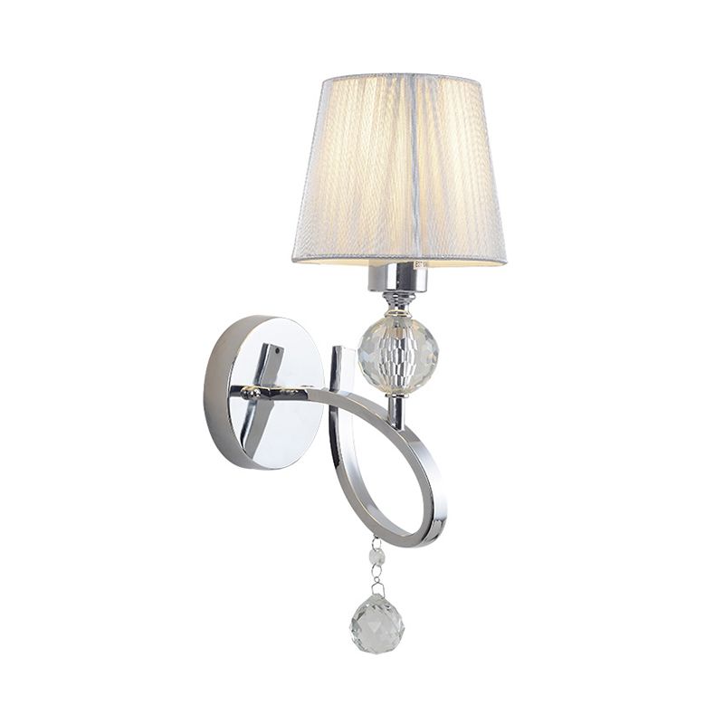 Cone Shade Bedroom Wall Light Fixture Fabric 1 Head Modernism Style Silver Wall Lamp with Clear Crystal Ball Deco