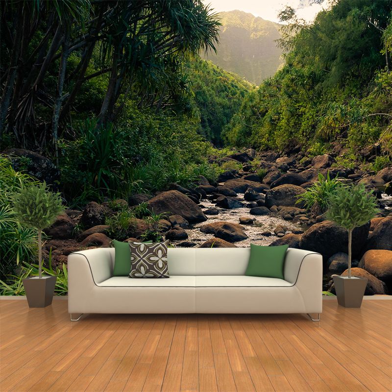 Tropix Forest Pebble Stream Mural for Bedroom Custom Size Wall Covering in Green