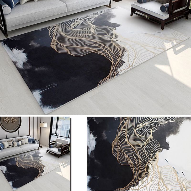Funky Ink Painting Area Rug Luxury Gold Lines Rug Polyester Anti-Slip Backing Carpet for Home Decor