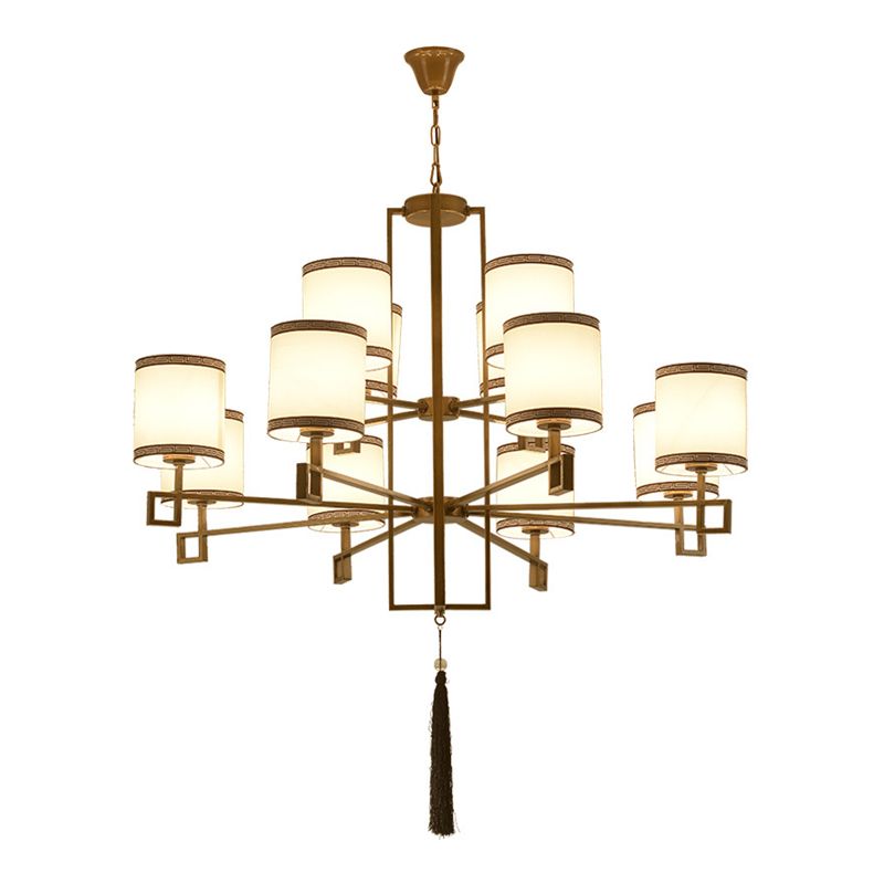 Cylindrical Fabric Suspension Lamp Retro Lobby Living Room Chandelier with Tassel