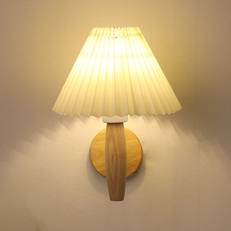 Flared Wall Mounted Light Fixture Simple Wood Bedroom Wall Sconce with Fabric Shade