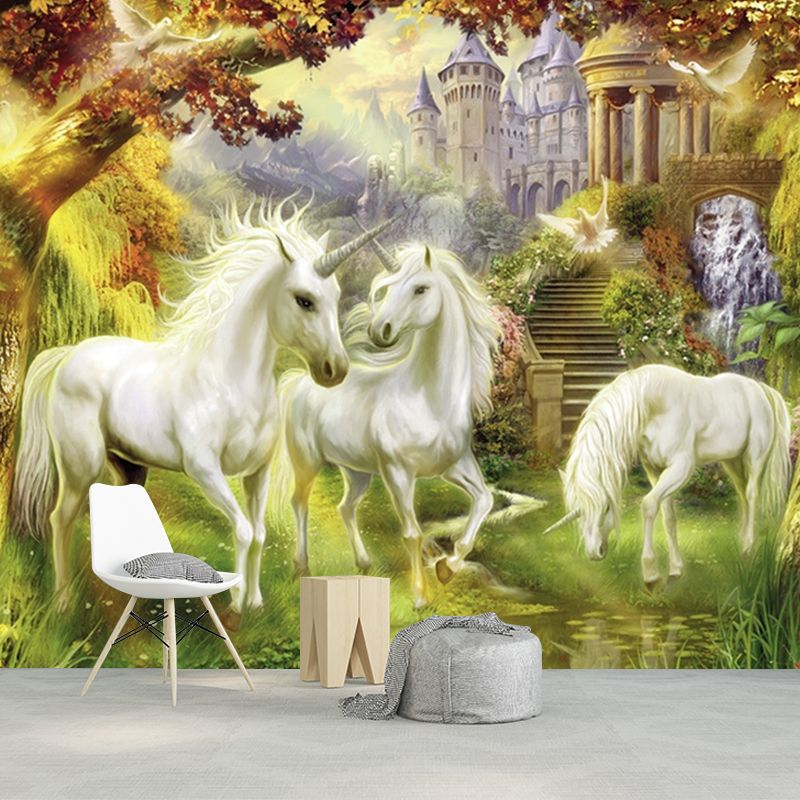 Renaissance Unicorn and Castle Murals White-Green-Yellow Animal Wall Decor, Optional Size