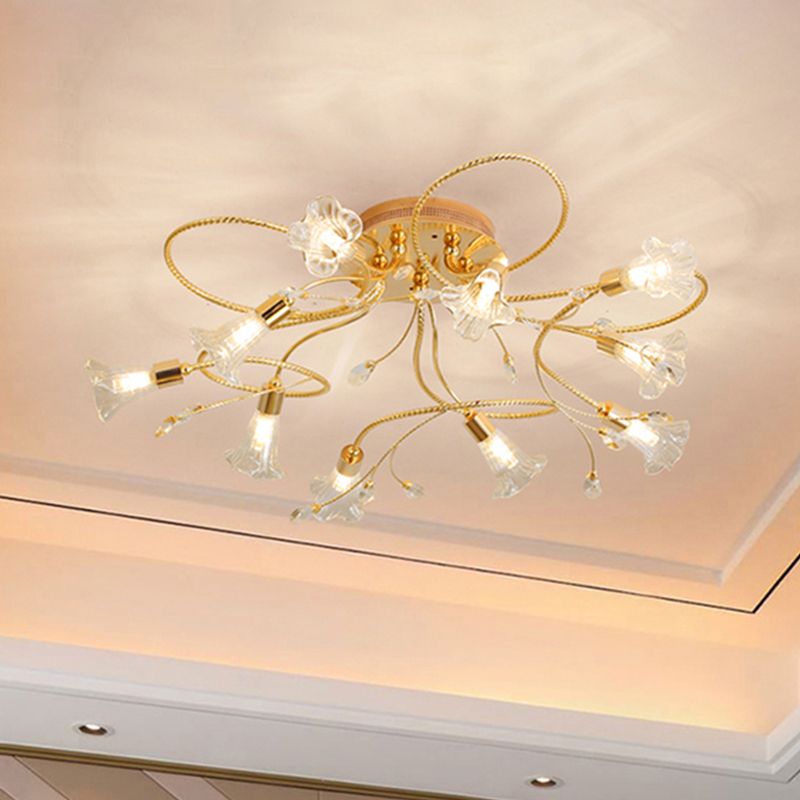 Crystal Floral Semi Flush Mount moderne 10/15 têtes près de l'éclairage de plafond en or pour le salon