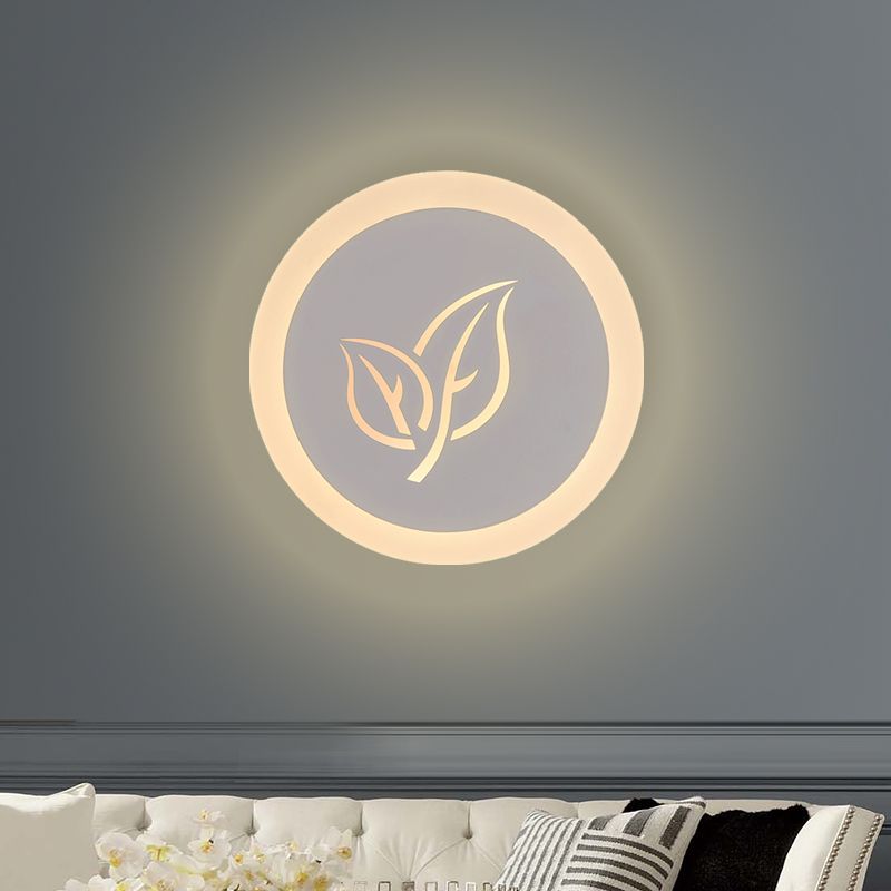 Modern Circle Wall Mount Acrylic Living Room LED Flush Wall Sconce in White with Leaf Pattern