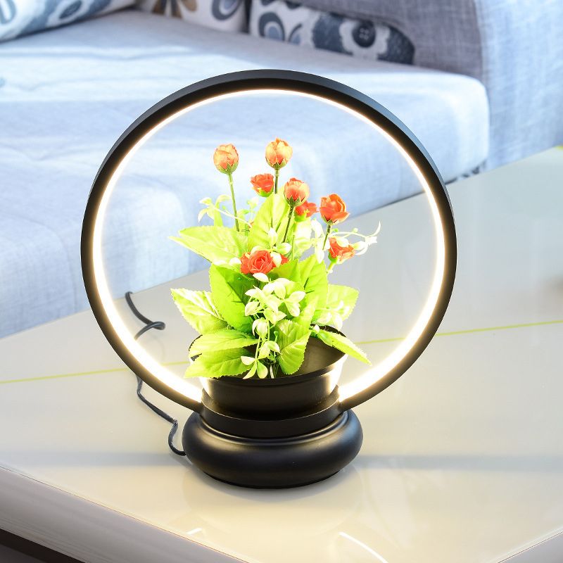 Runde/quadratische Schlafzimmer Tisch Leicht Industrial Metal LED Schwarz/Weiß Nachtlampe mit Pflanzendekoration, warmes/weißes Licht