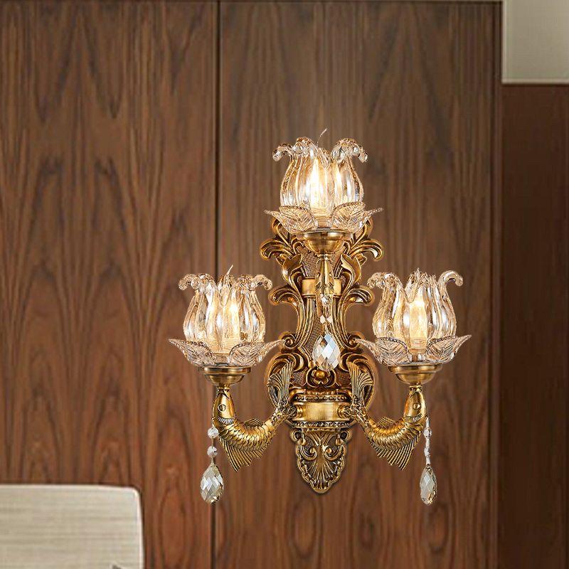 3 Heads Living Room Wall Light Vintage Brass Sconce Light Fixture with Flower Clear Glass Shade