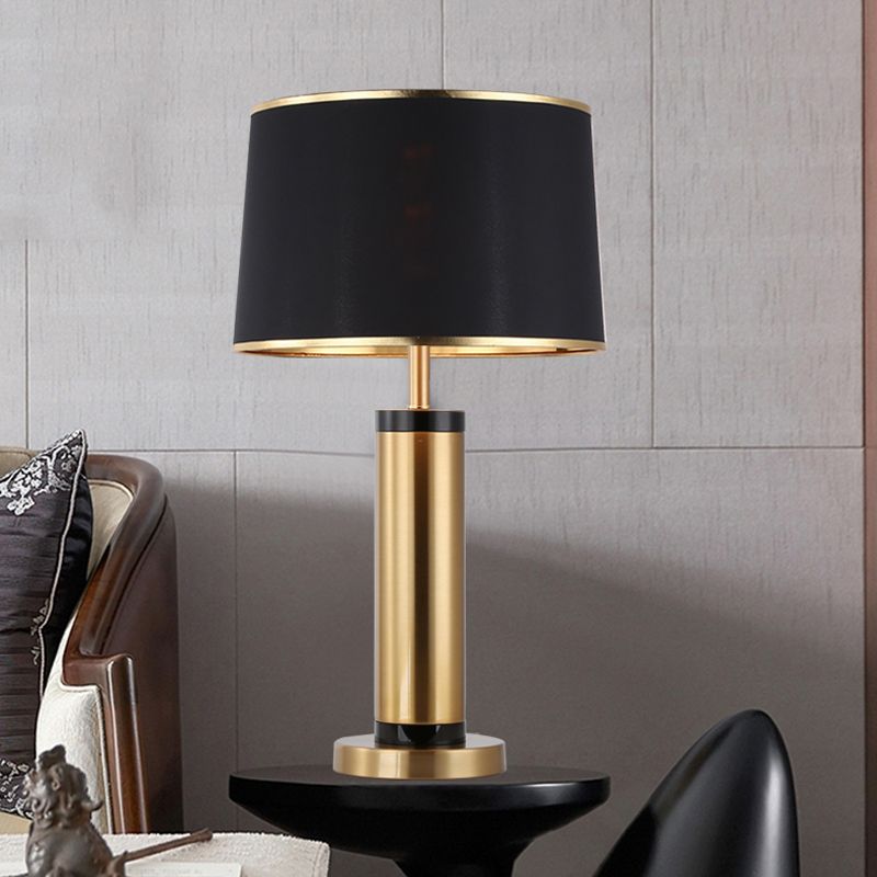 Metallic Tube Desk Light Modernism 1-Light Gold Finish Night Table Lamp with Drum Black Fabric Shade