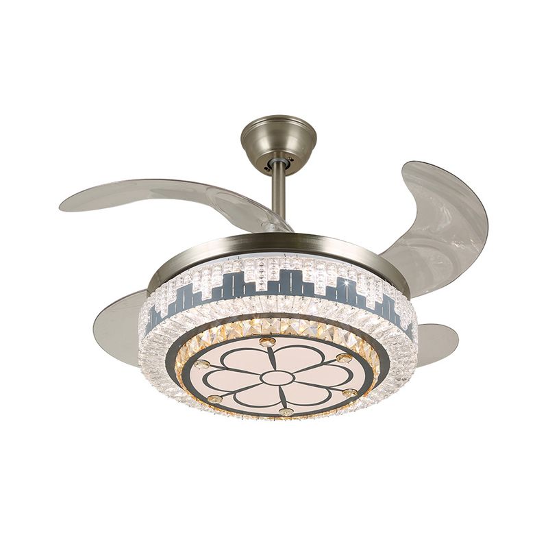 LED Circulaire semi-vlakke moderne roestvrijstalen heldere kristalblokken 4 messen hanger ventilator licht, 19 "breed