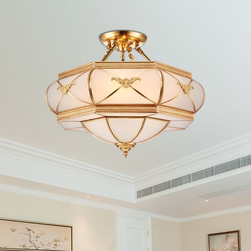 Hat Semi Flush Light Colonial Opal Glass 6 Heads Brass Ceiling Mounted Fixture for Living Room, 16"/18"/21.5" Wide