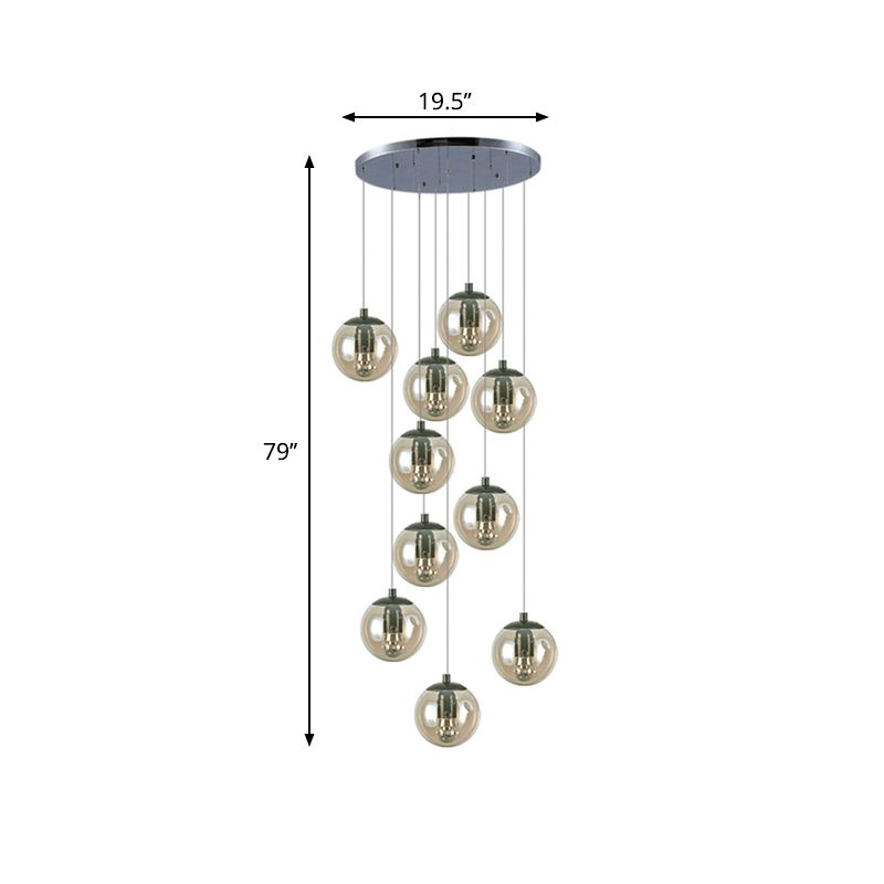 Simplicity Globe Cluster Pendant Cognac Glass 10-Light Stairs Hanging Ceiling Light