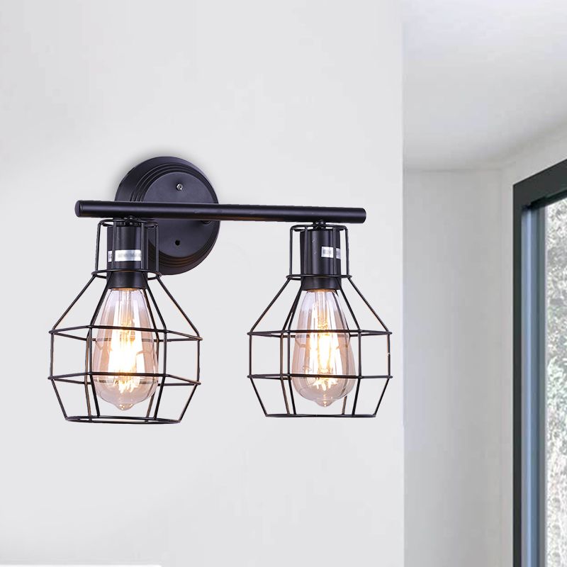 2 Bulbs Wall Mounted Light Rustic Restaurant Wall Lamp Fixture with Torpedo Metal Shade in Black