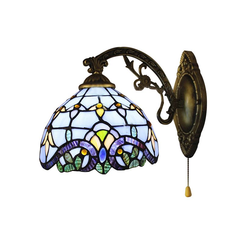1 Light Dome Wall Lamp with Pull Chain Baroque Style Stained Glass Wall Sconce Light in Sky Blue/Navy Blue