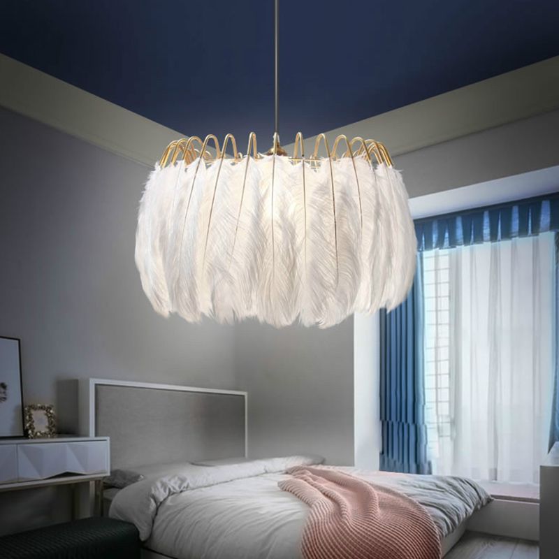 Ostrich Feather Ceiling Chandelier Modern Creative White Hanging Ceiling Light for Girl Bedroom