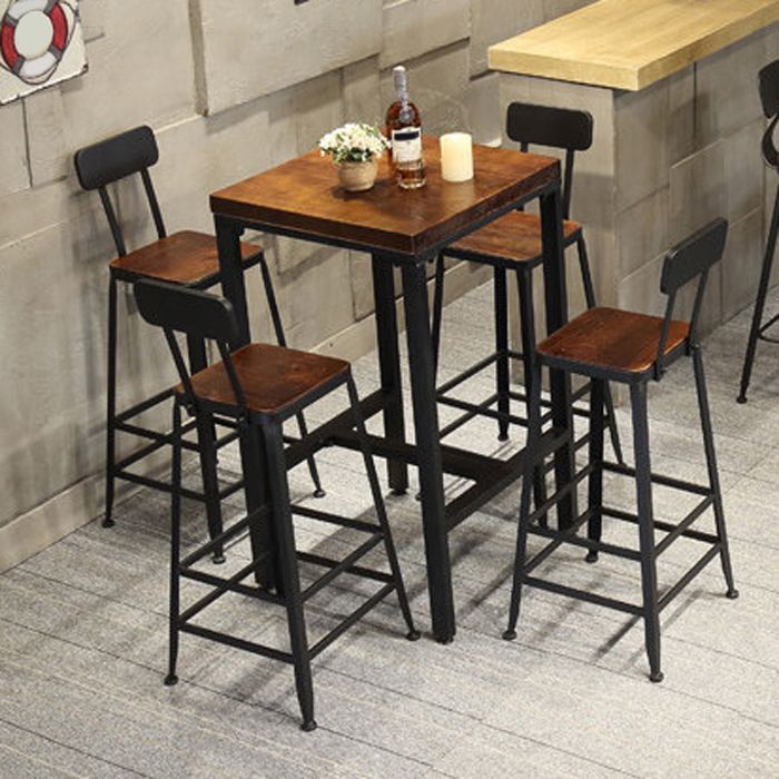 Industrial Bar Set 1/2/3/5 Pcs Metal Bar Stools and Solid Wood Top Bar Table