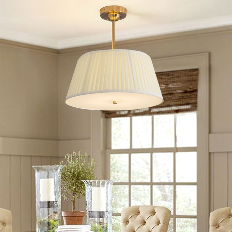 Single Semi Flush Traditional Tapered Pleated Fabric Flush Ceiling Light Fixture in White for Bedroom