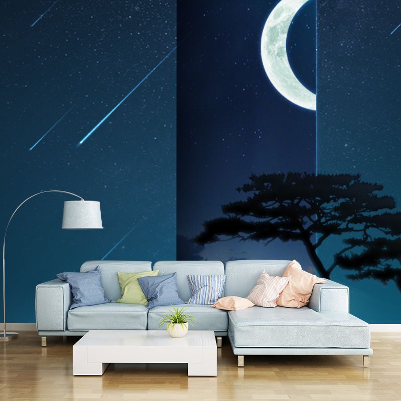 Fictional Meteor Night Sky Mural for Bedroom Full Size Wall Covering in Blue-White