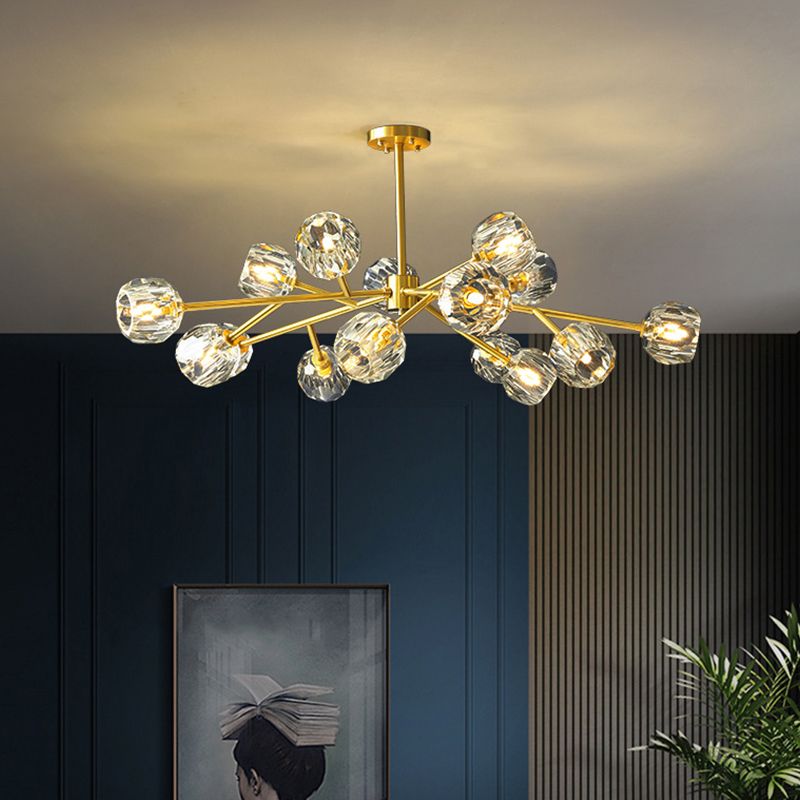 15-Light Dimmable Sputnik Chandelier Modern Linear Gold Ceiling Light With Crystal Shade
