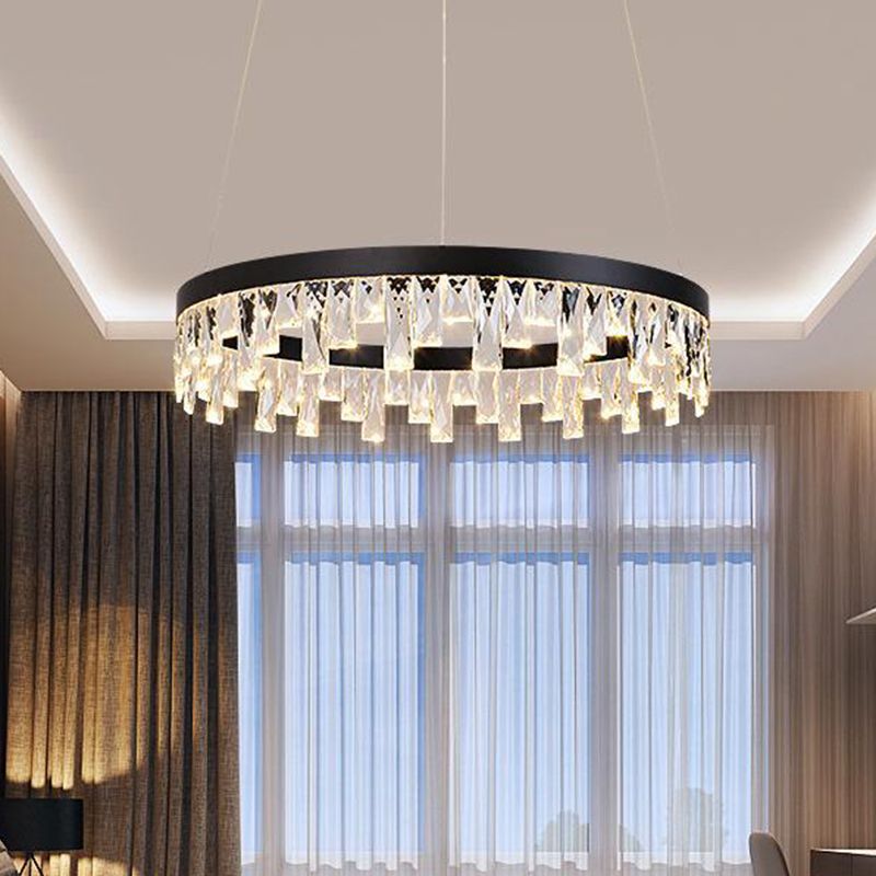 LED Chandelier Pendant Light Modern Loop Cut Crystal Down Lighting in Black for Bedroom