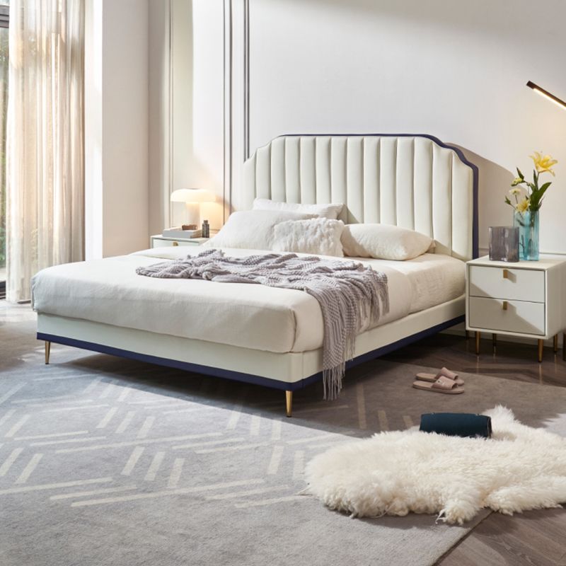 Stepped Glam Standard Bed Beige with Headboard Bed Frame Panel