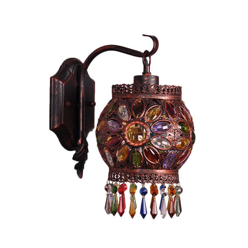 Bohemia Lantern Wall Light Sconce Metal 1 Light Wall Mount Lamp with Crystal Flower Design in Antique Copper