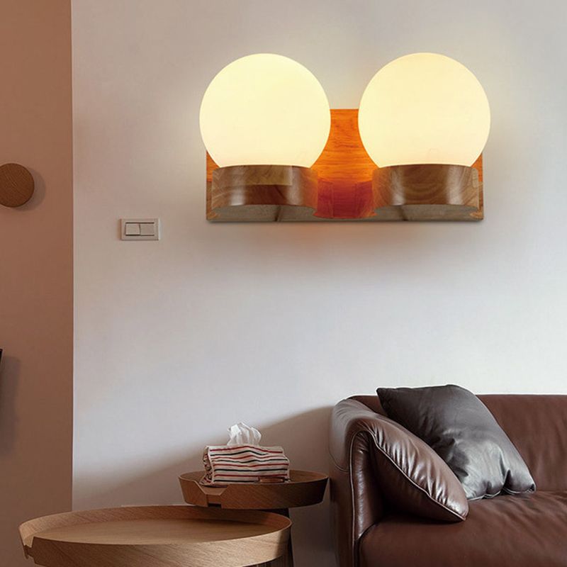 Modern Sphere Shade Sconce Light Fixture Cream Glass LED Living Room Wall Lighting in Wood