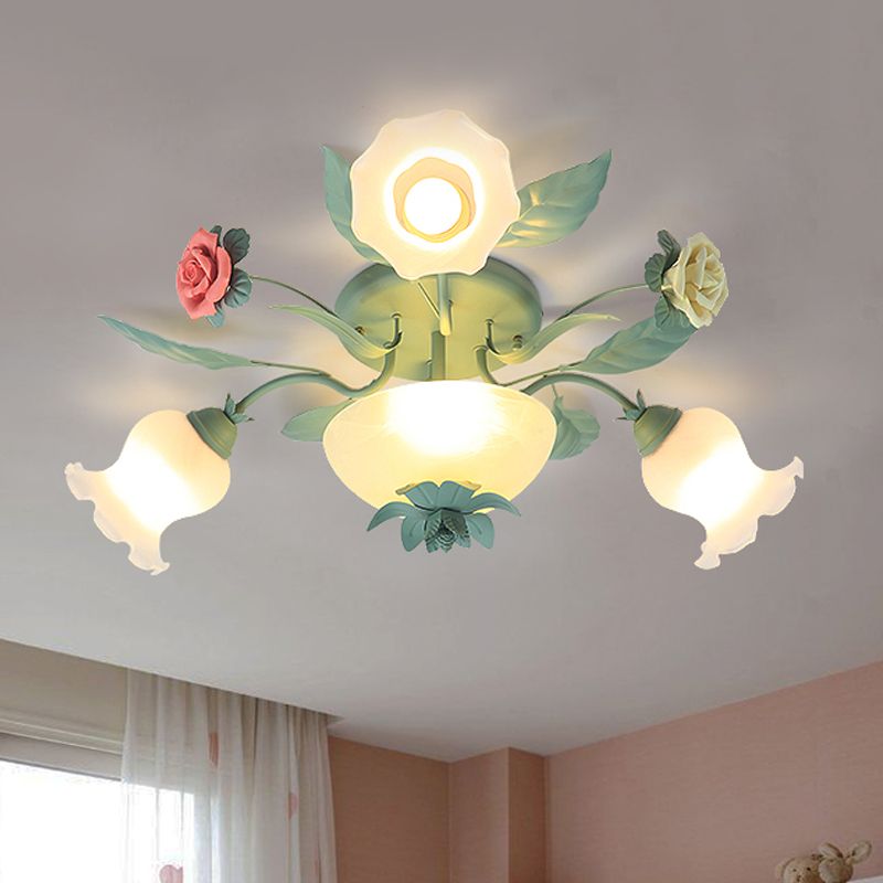 Opal Glass Blue Semi Mount Lighting Blossom 5/7/11-Light Korean Garden Flush Light Fixture for Living Room