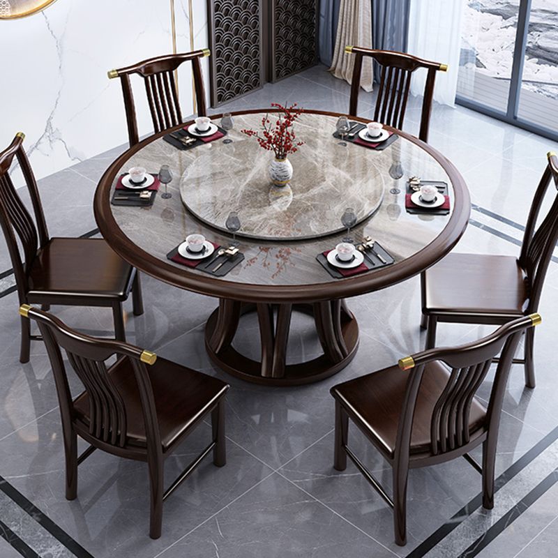 Gray Stone Top Dinette Table with Wooden Base Brown Round Home Dining Table