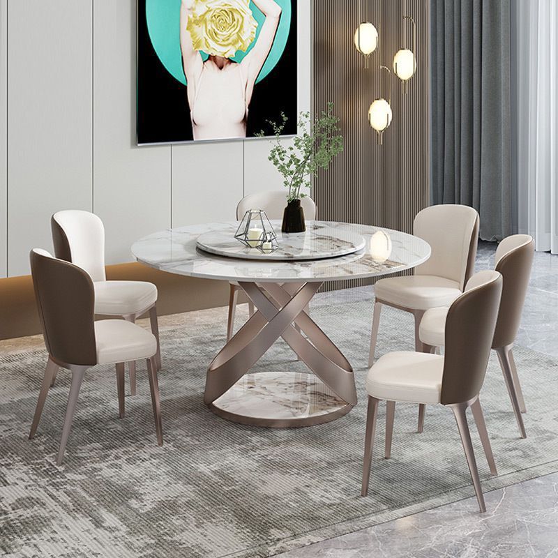Modern Round Drop-leaf Table Stone with Metal Base Pedestal Dining Table