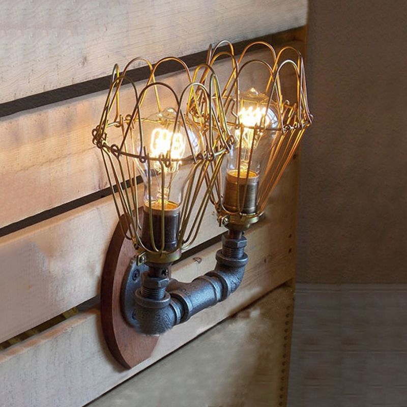Warehouse U Shaped Wall Lamp with Wire Guard and Pipe 2 Lights Metallic Sconce Light in Brass