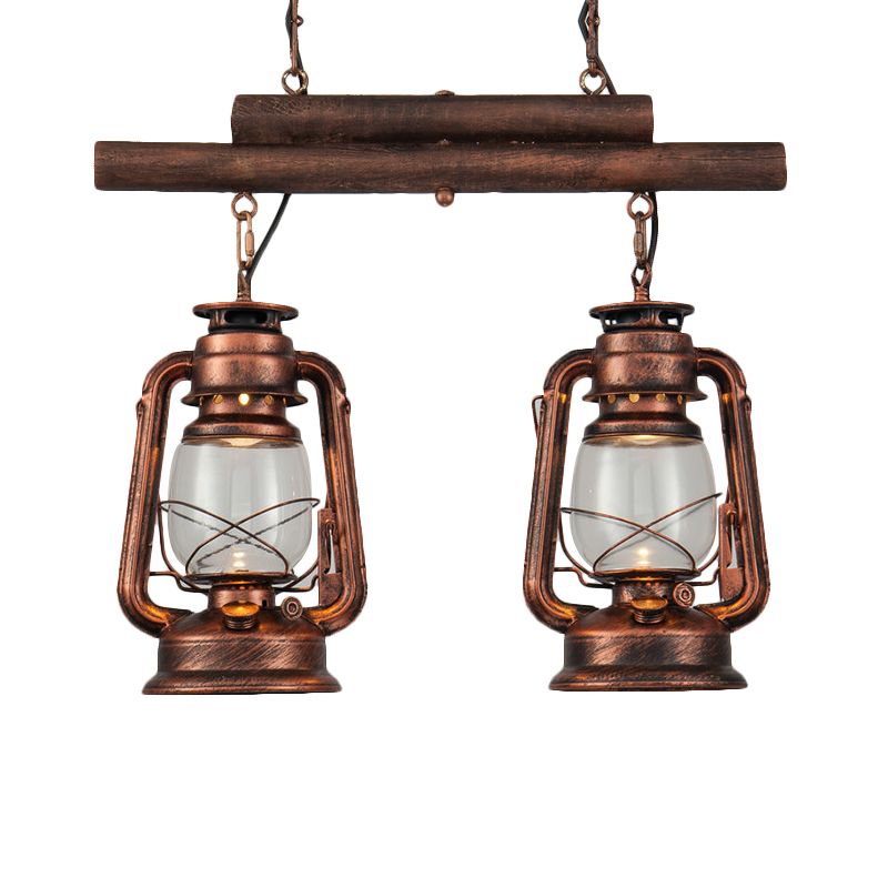Bronze/Copper Lantern Island Light Fixture Coastal Clear Glass 2-Bulb Kitchen Hanging Lamp
