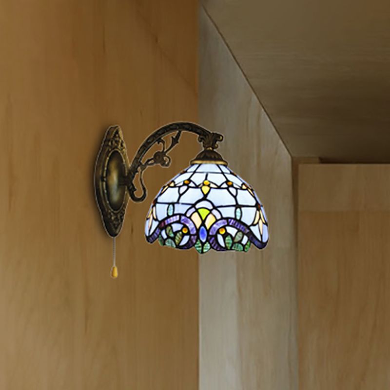 1 Light Dome Wall Lamp with Pull Chain Baroque Style Stained Glass Wall Sconce Light in Sky Blue/Navy Blue