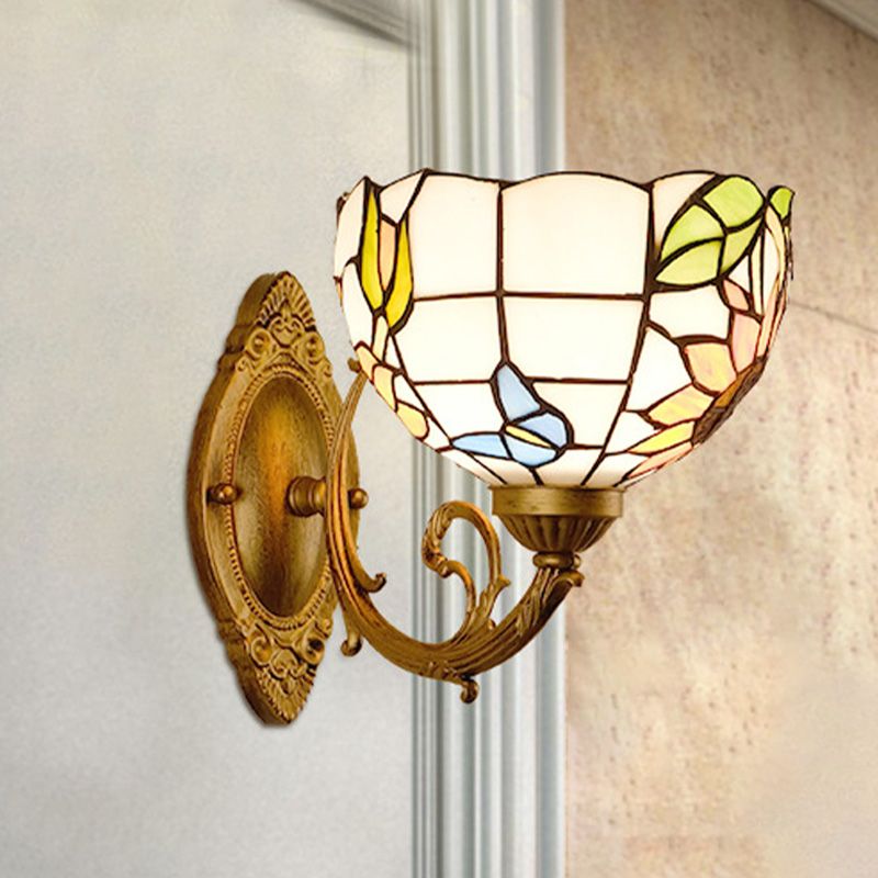 Grape/Blossom Vanity Lighting Fixture 1 Light Stained Art Glass Victorian Sconce Light in Brass for Bathroom