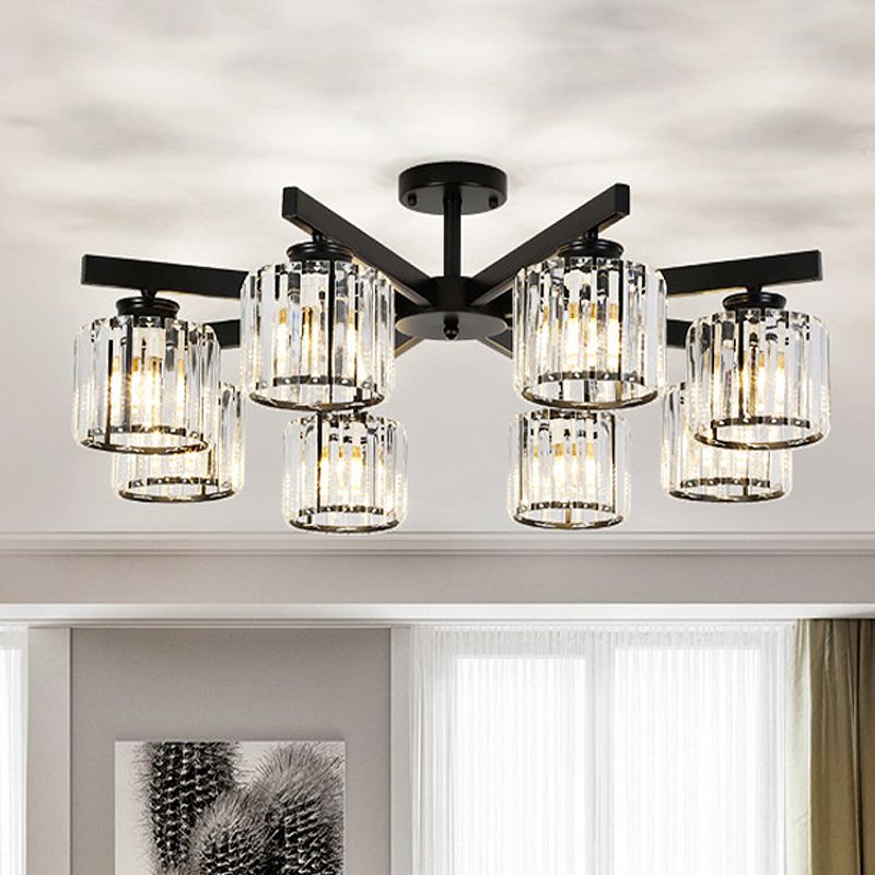 8 Heads Living Room Semi Flush Mount Minimalist Black Close to Ceiling Light with Cylinder Crystal Shade