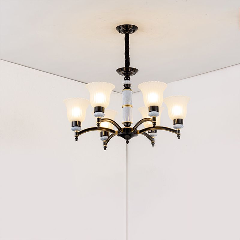 Ribbed Frosted Glass Flared Chandelier Vintage Bedroom Pendant Light with Scalloped Edge in Black