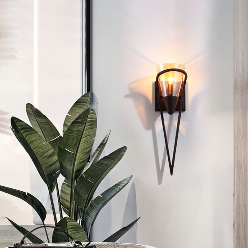 Vintage Conical Sconce Lamp 1 Bulb Amber Glass Wall Mounted Light in Black with Rectangle Backplate