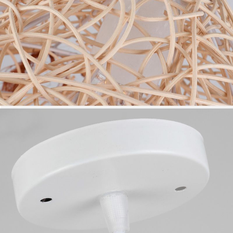 Asian Pendant Lighting Fixture 1-Light Beige Hanging Lamp Kit with Rattan Shade