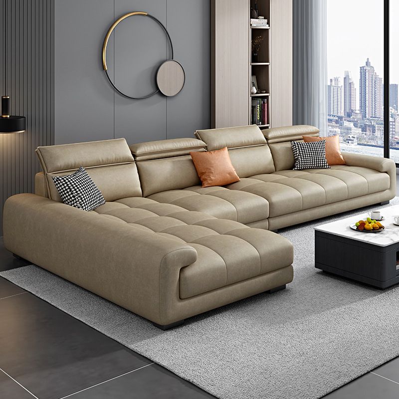 Faux Leather L-Shape Sectional with Adjustable Head Pillow for 4 People