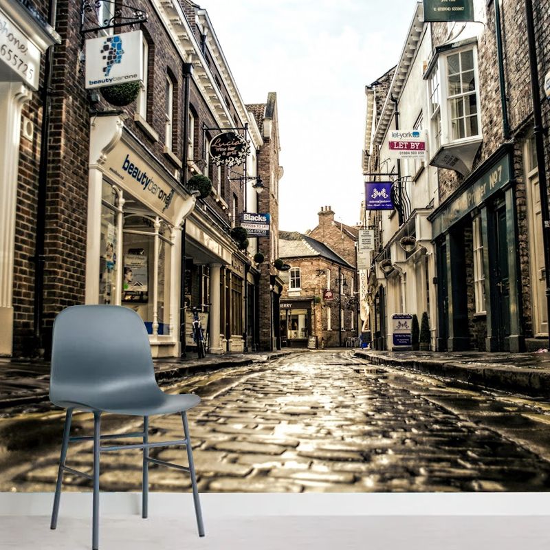 Large Printed Photo Mural Wallpaper Street and European Building Wall Art for Bar and Coffee Shop, Pastel Yellow