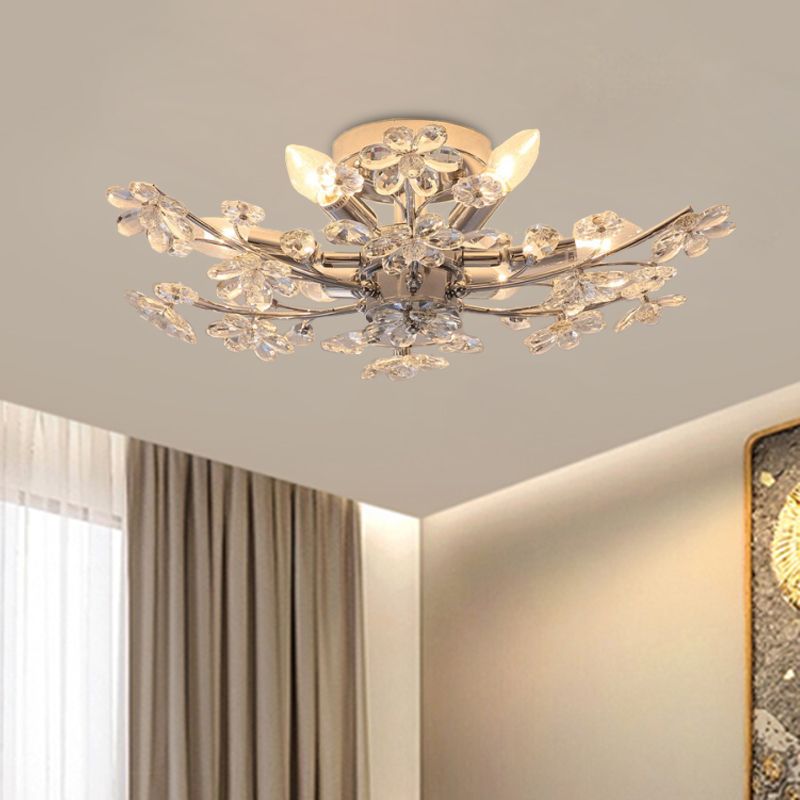 Chrome afwerking tak semi spoeling verlichting modernistische 6 lichten bloem kristal spoeling mount