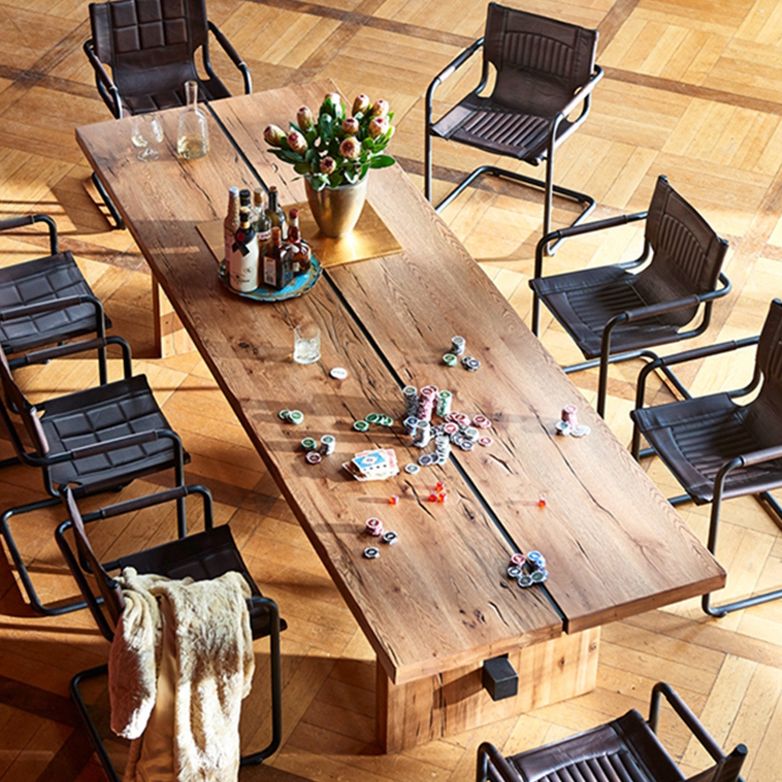 Minimalist Rectangle Shape Brown Dining Table Solid Wood Kitchen Dining Table with Trestle Base