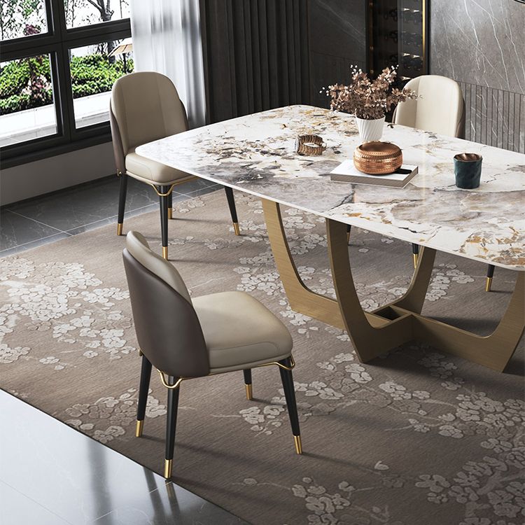 Minimalist Style Sintered Stone Dining Table with Rectangle Shape Fixed Table and Trestle Base