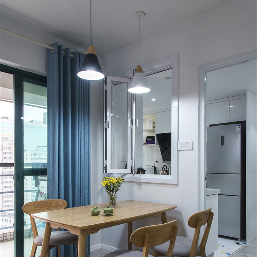 1 Light Metal Tapered  Pendant Lamp Nordic Style Wooden Top Living Room Hanging Lamp