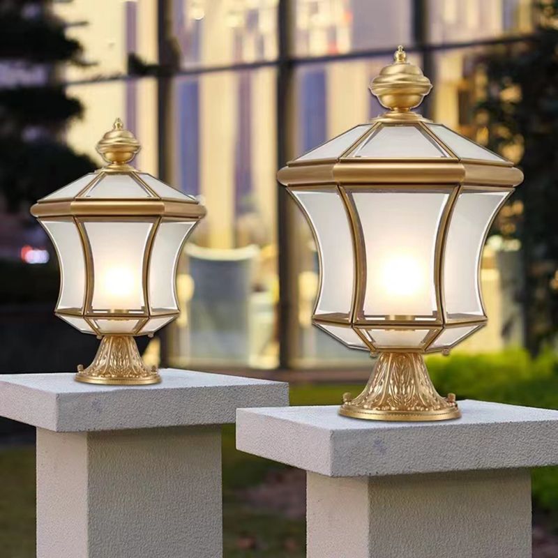 Modern Simple Copper Outdoor Light Lantern Shape Waterproof Pillar Lamp for Outdoor